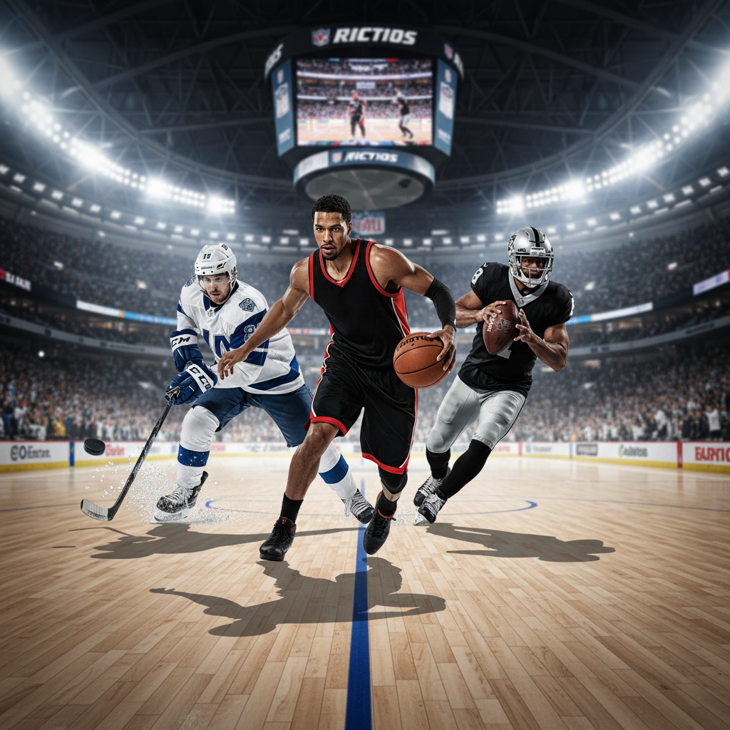 Create an image with NBA, NHL and NFL players. Keep the same design as so far in the website.